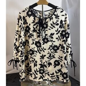 Naif Petite Floral Blouse PXL Black Cream Tie Neck Cottagecore Boho